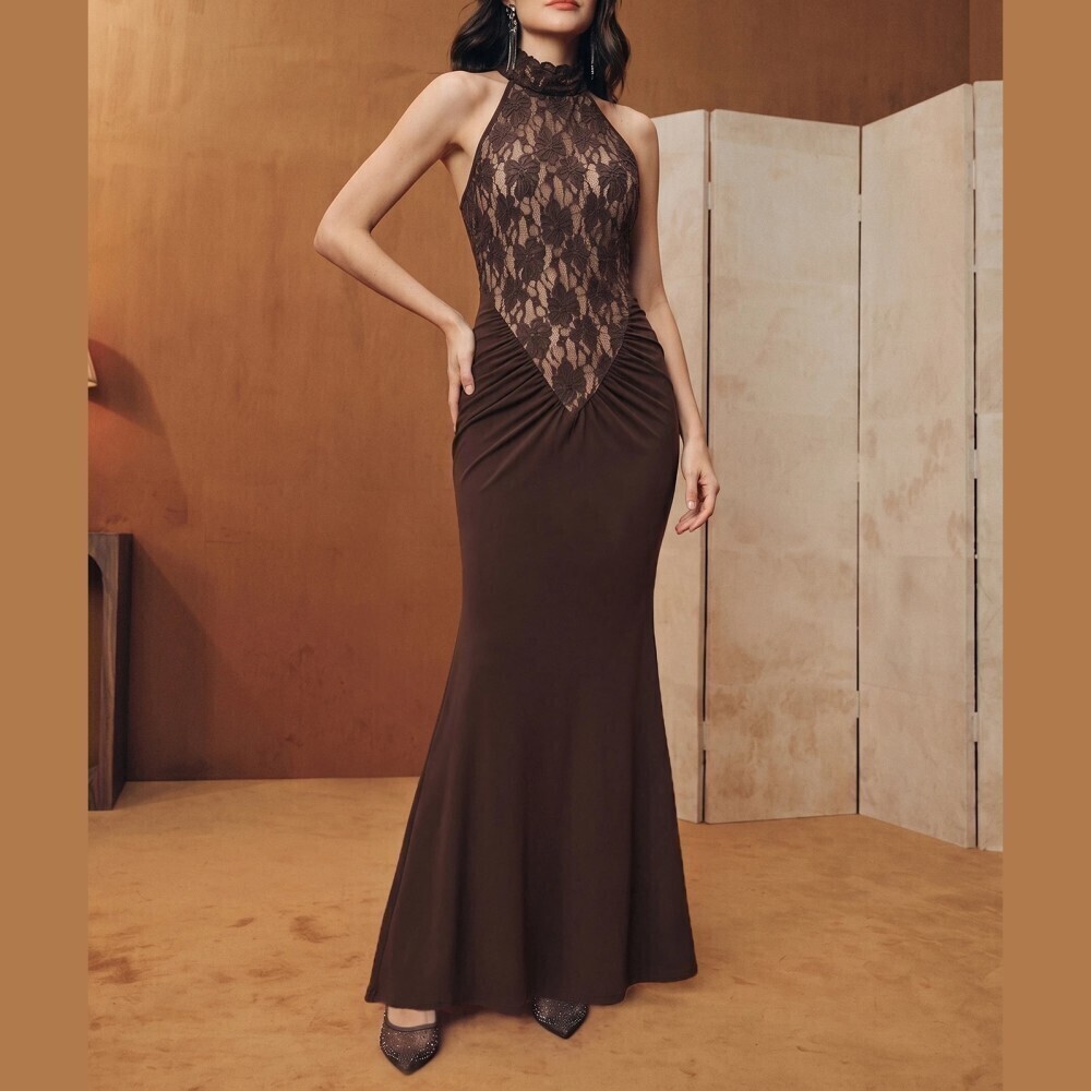 Brown Sheer Floral Lace Halter Neck Ruched Mermaid Basque Maxi Dress